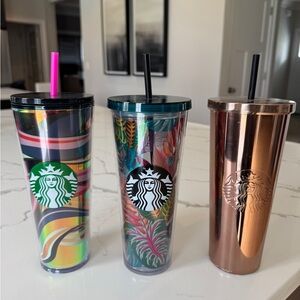 Starbucks Iridescent, Tropical Leaf & Rose Gold Cold Tumblers 24 oz
